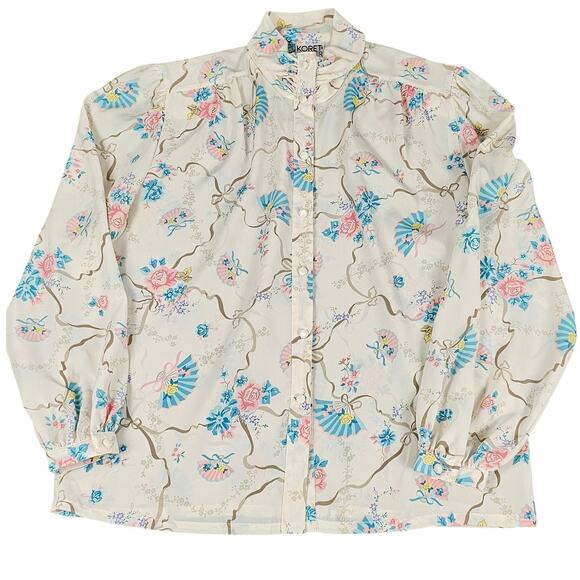 VTG Koret Career blouse sz12 cream pastel floral print button up high collar - Picture 1 of 9